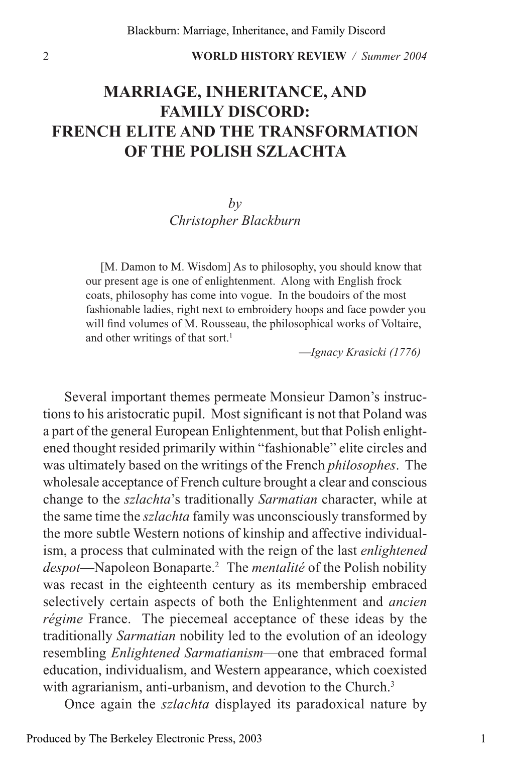 Marriage, Inheritance, and Family Discord: French Elite and the Transformation of the Polish Szlachta