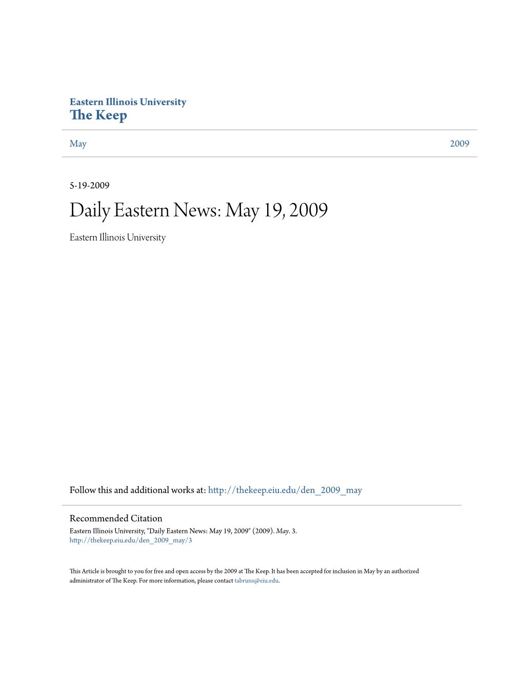 Daily Eastern News: May 19, 2009 Eastern Illinois University