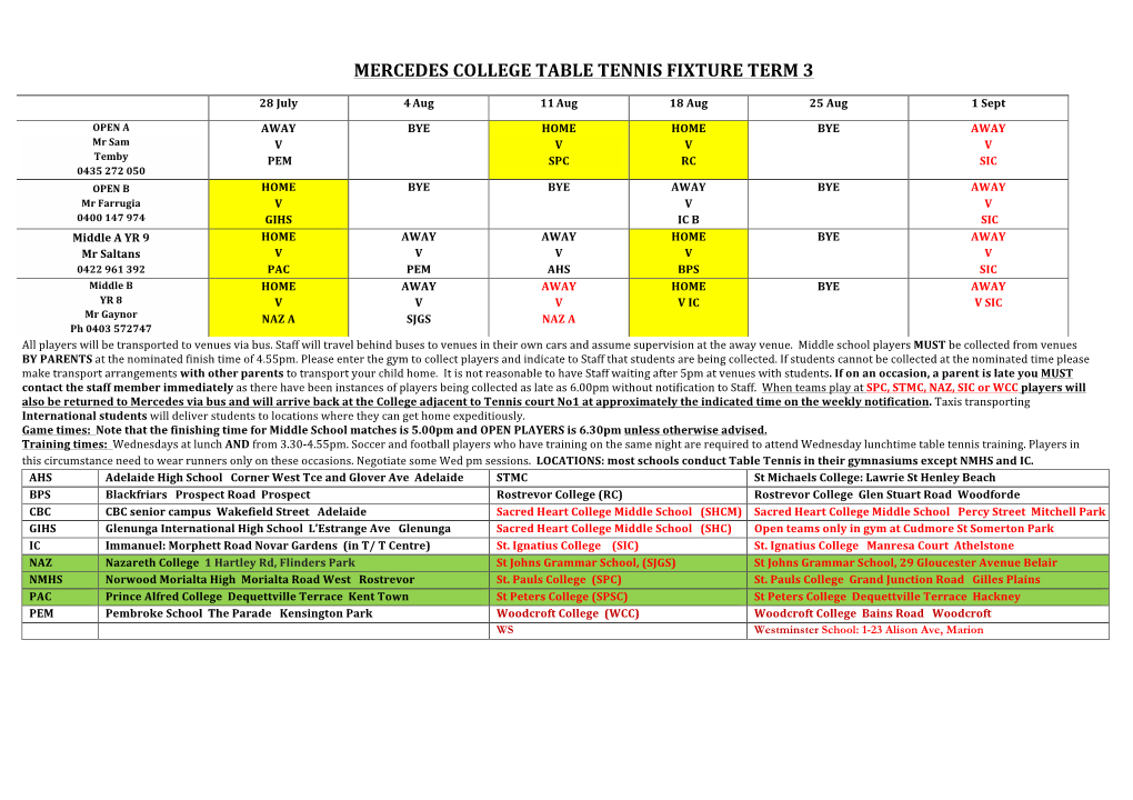 Mercedes College Table Tennis Fixture Term 3