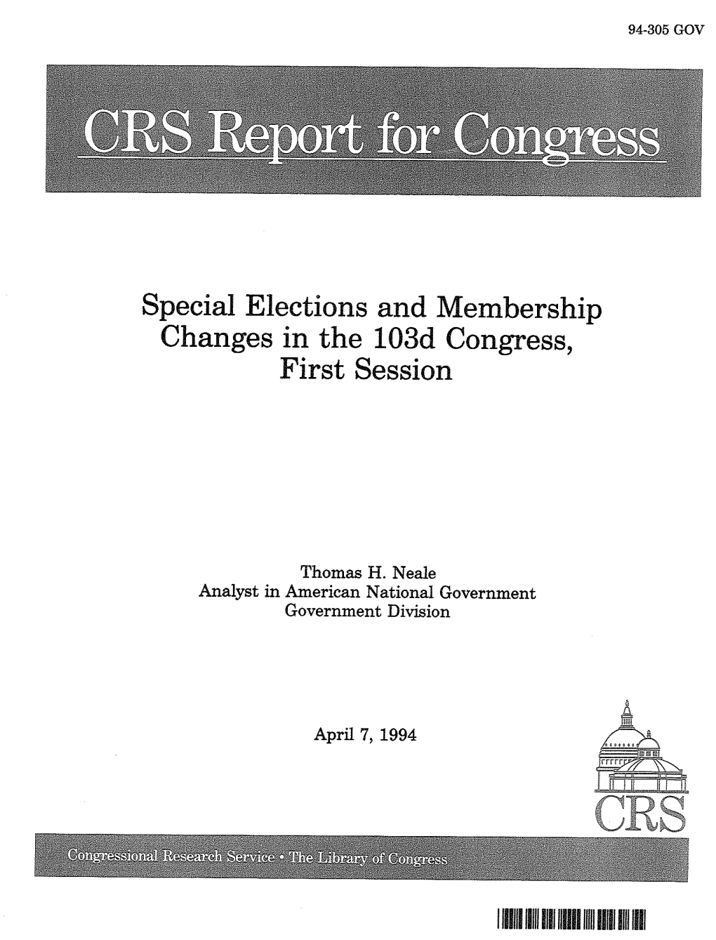 Special Elections and Membership Changes in the 103D Congress, First Session