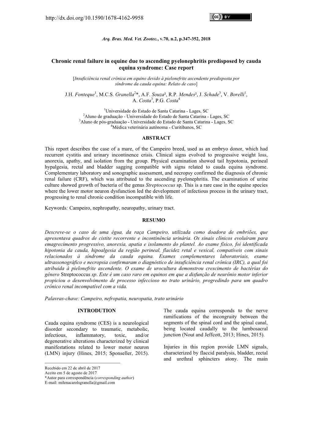 Chronic Renal Failure in Equine Due to Ascending Pyelonephritis Predisposed by Cauda Equina Syndrome: Case Report