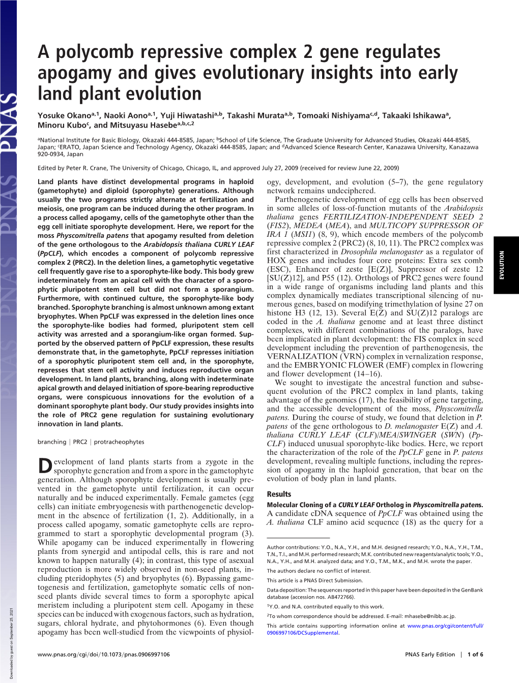 A Polycomb Repressive Complex 2 Gene Regulates Apogamy and Gives Evolutionary Insights Into Early Land Plant Evolution