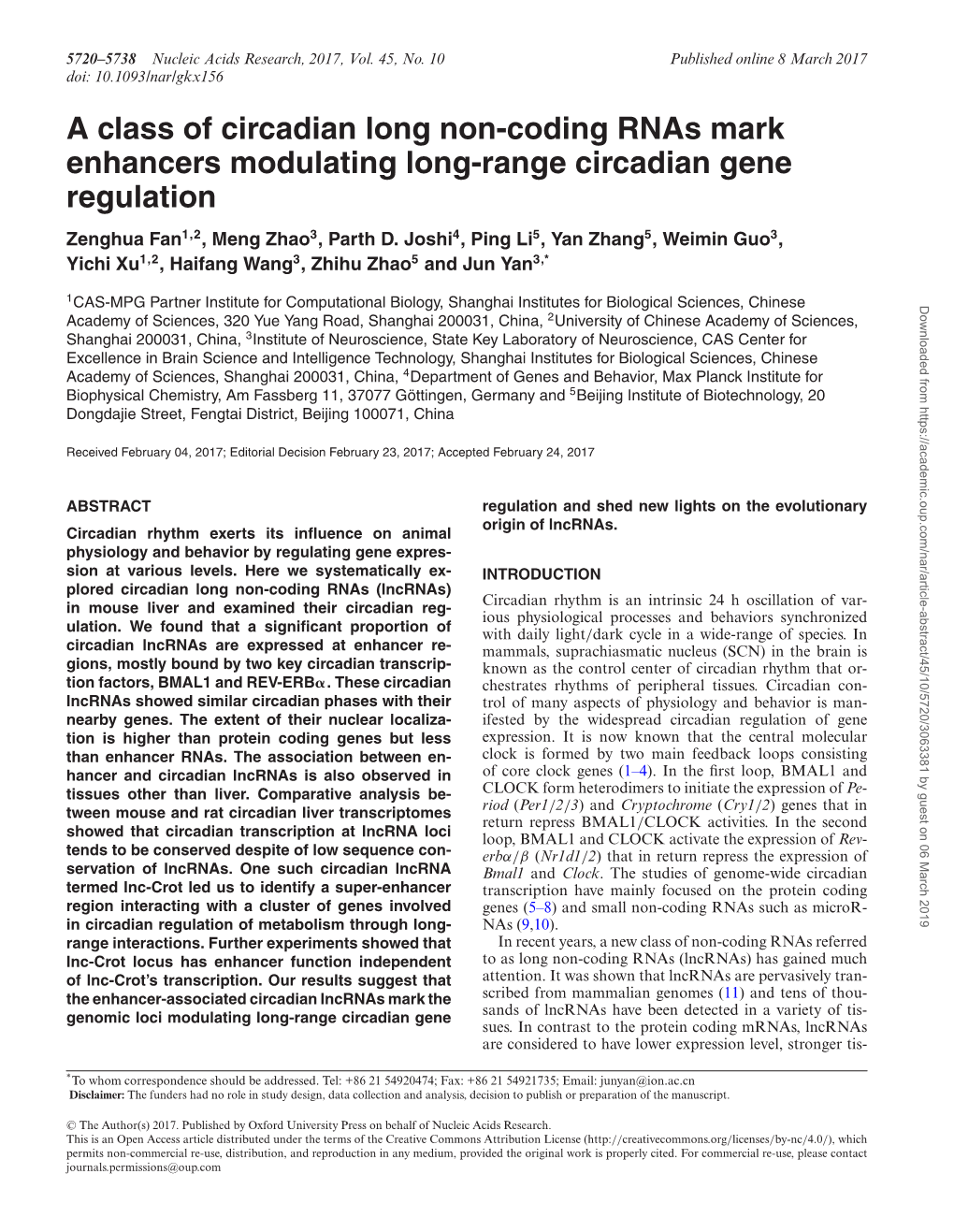 A Class of Circadian Long Non-Coding Rnas Mark Enhancers Modulating Long-Range Circadian Gene Regulation Zenghua Fan1,2, Meng Zhao3, Parth D