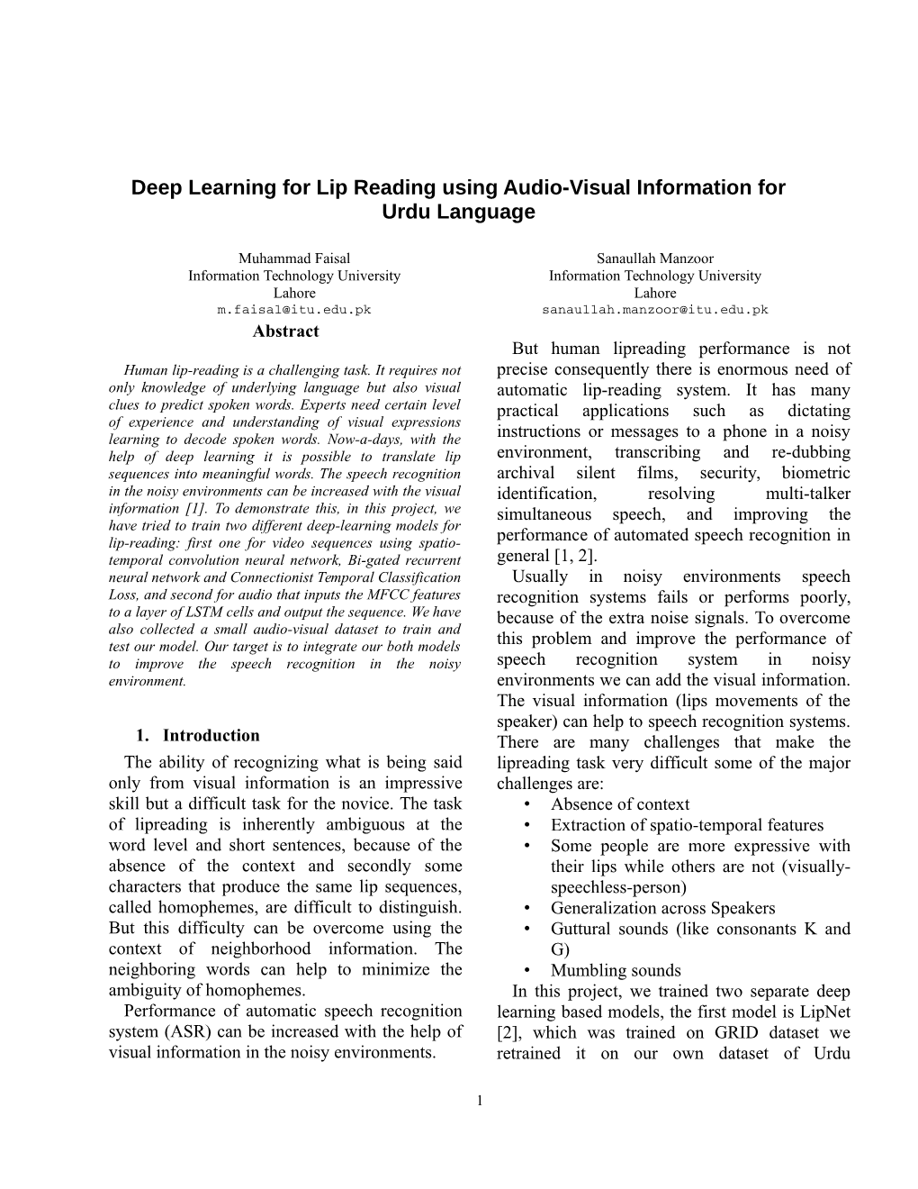Deep Learning for Lip Reading Using Audio-Visual Information for Urdu Language