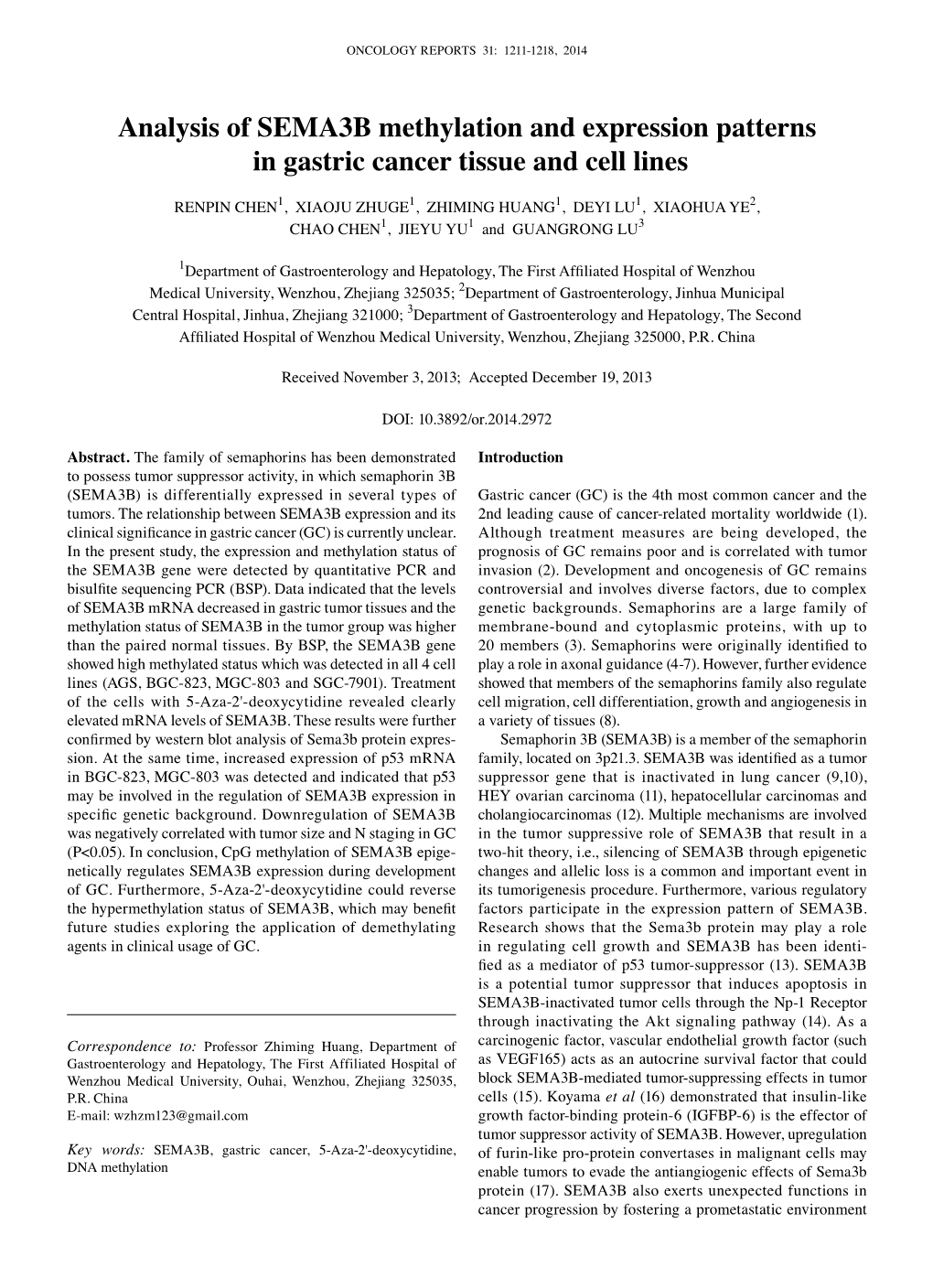 Analysis of SEMA3B Methylation and Expression Patterns in Gastric Cancer Tissue and Cell Lines