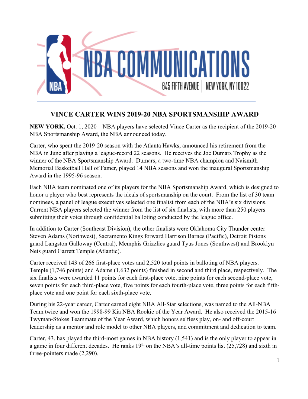 Vince Carter Wins 2019-20 NBA Sportsmanship Award __10-1-20