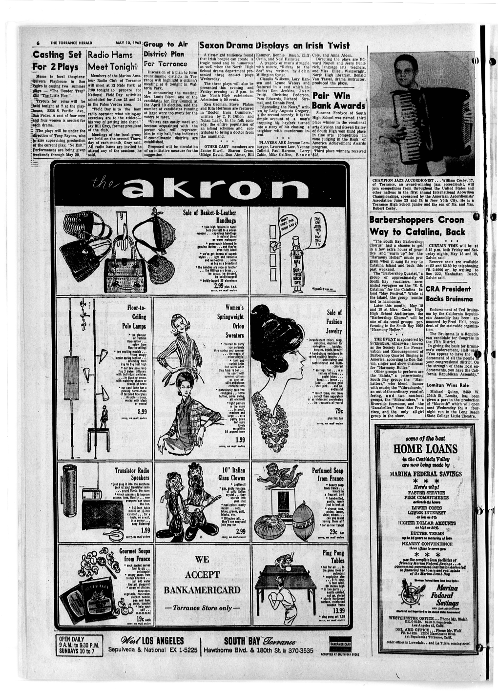 TORRANCE HERALD MAY 10, 1962; Group to Air Saxon Drama Displays an Irish Twisf District Plan a First-Night Audience Found Hamper