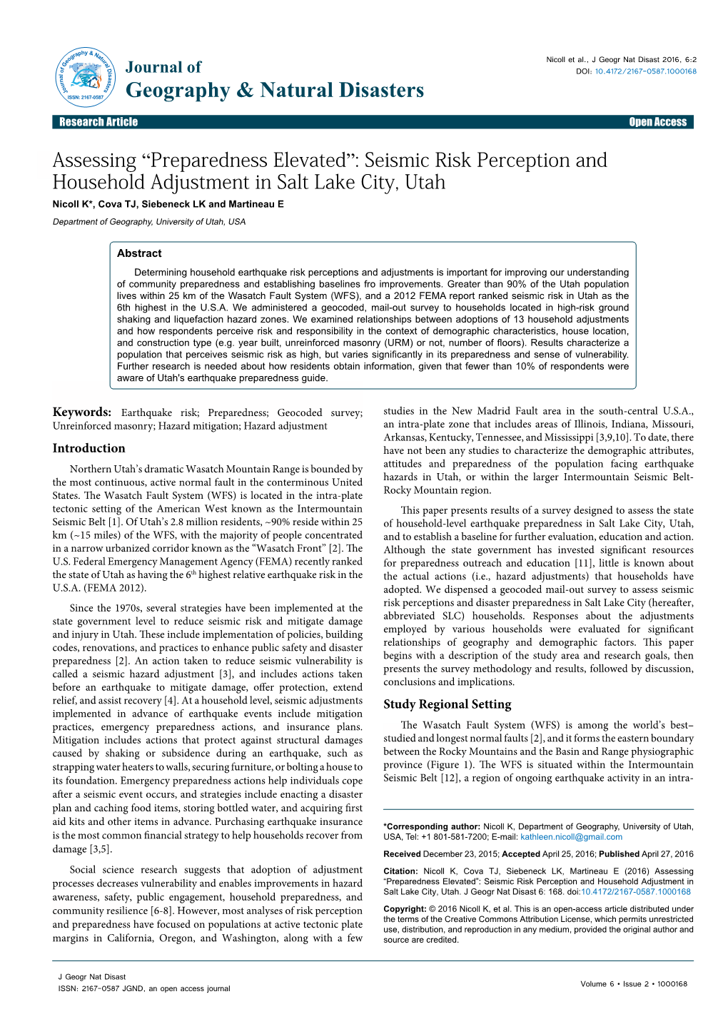 Seismic Risk Perception and Household Adjustment in Salt Lake