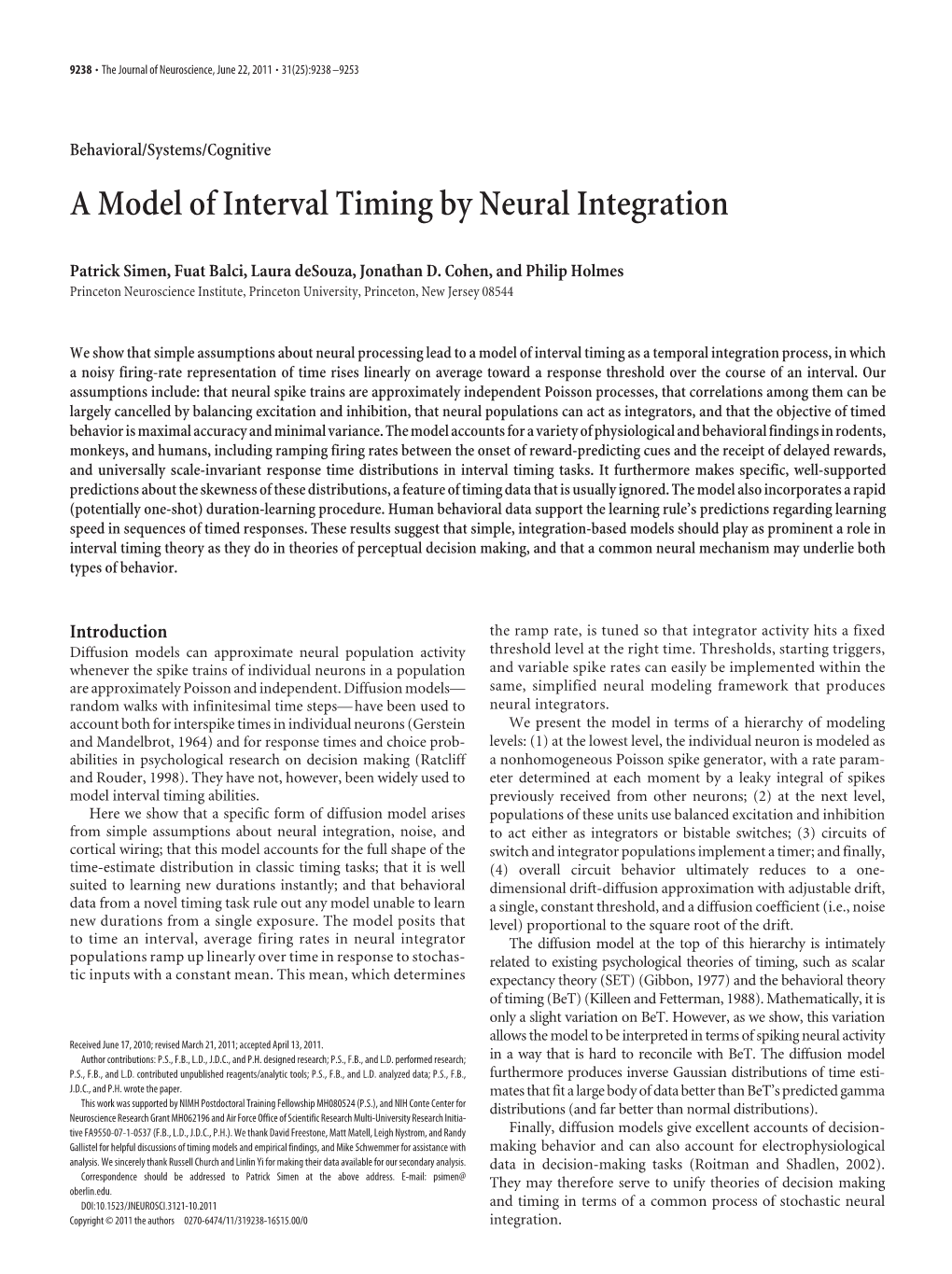 A Model of Interval Timing by Neural Integration