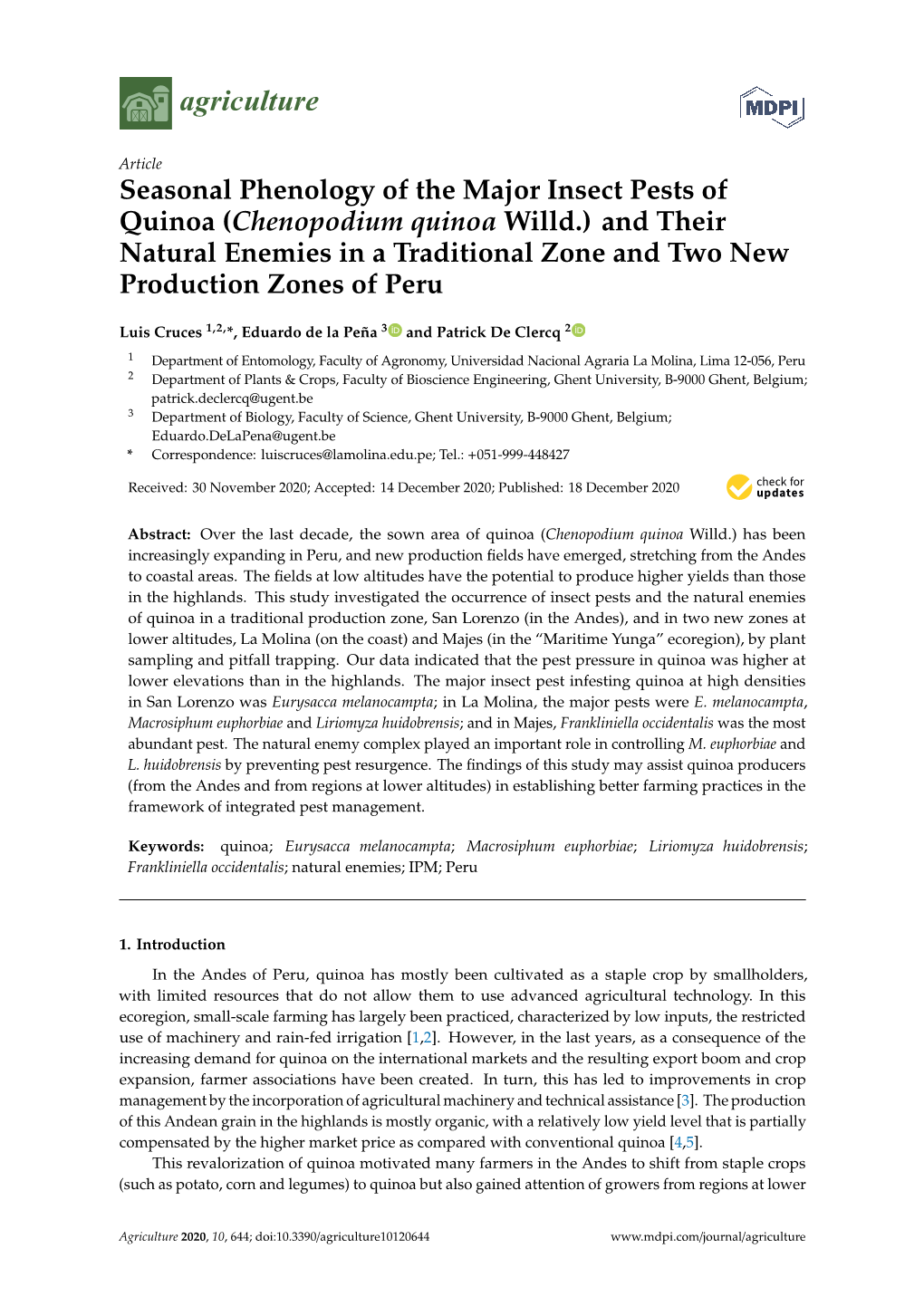 Seasonal Phenology of the Major Insect Pests of Quinoa