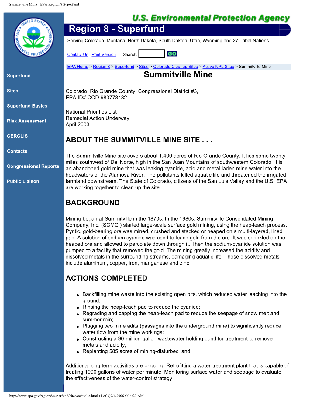 Summitville Mine - EPA Region 8 Superfund