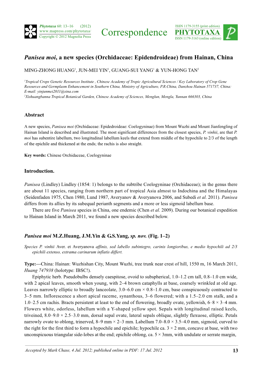 Panisea Moi, a New Species (Orchidaceae: Epidendroideae) from Hainan, China