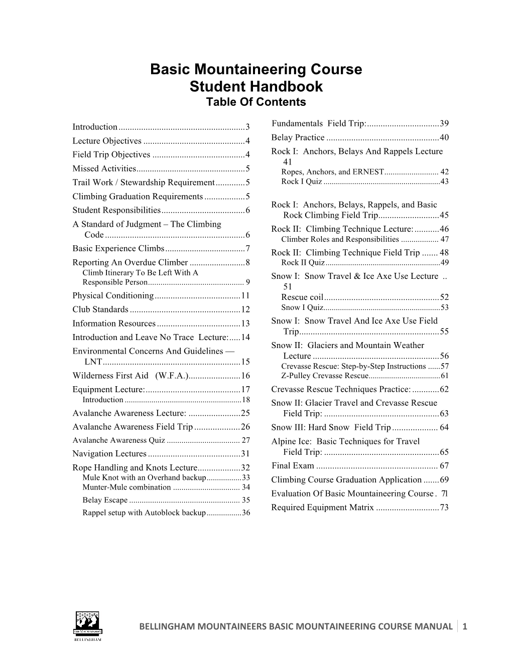 Basic Mountaineering Course Student Handbook Table of Contents
