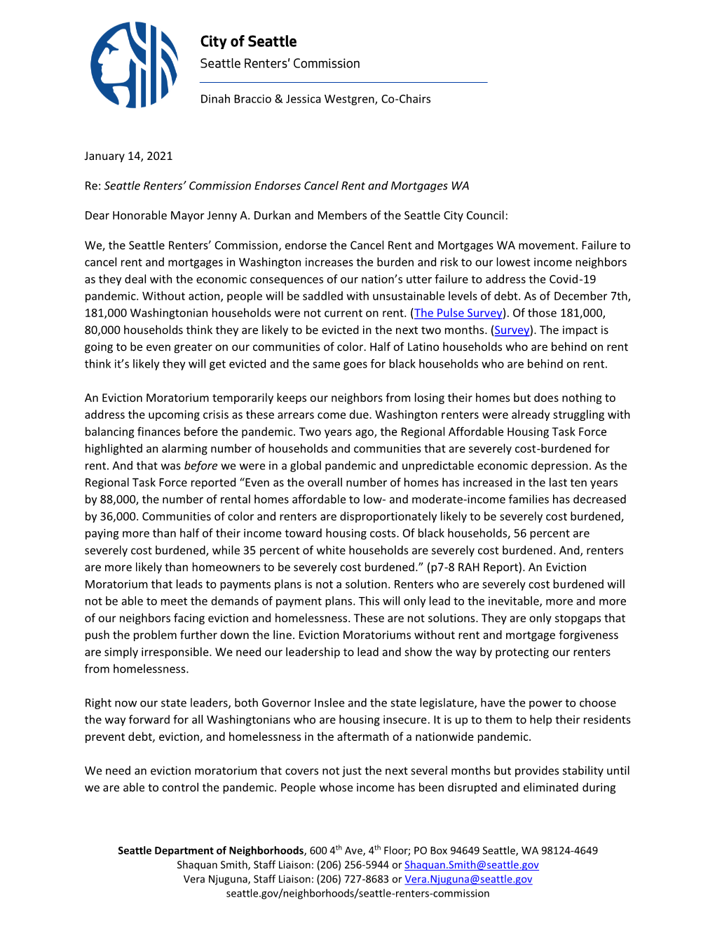 Seattle Renters' Commission Letter Endorsing Cancel Rent And