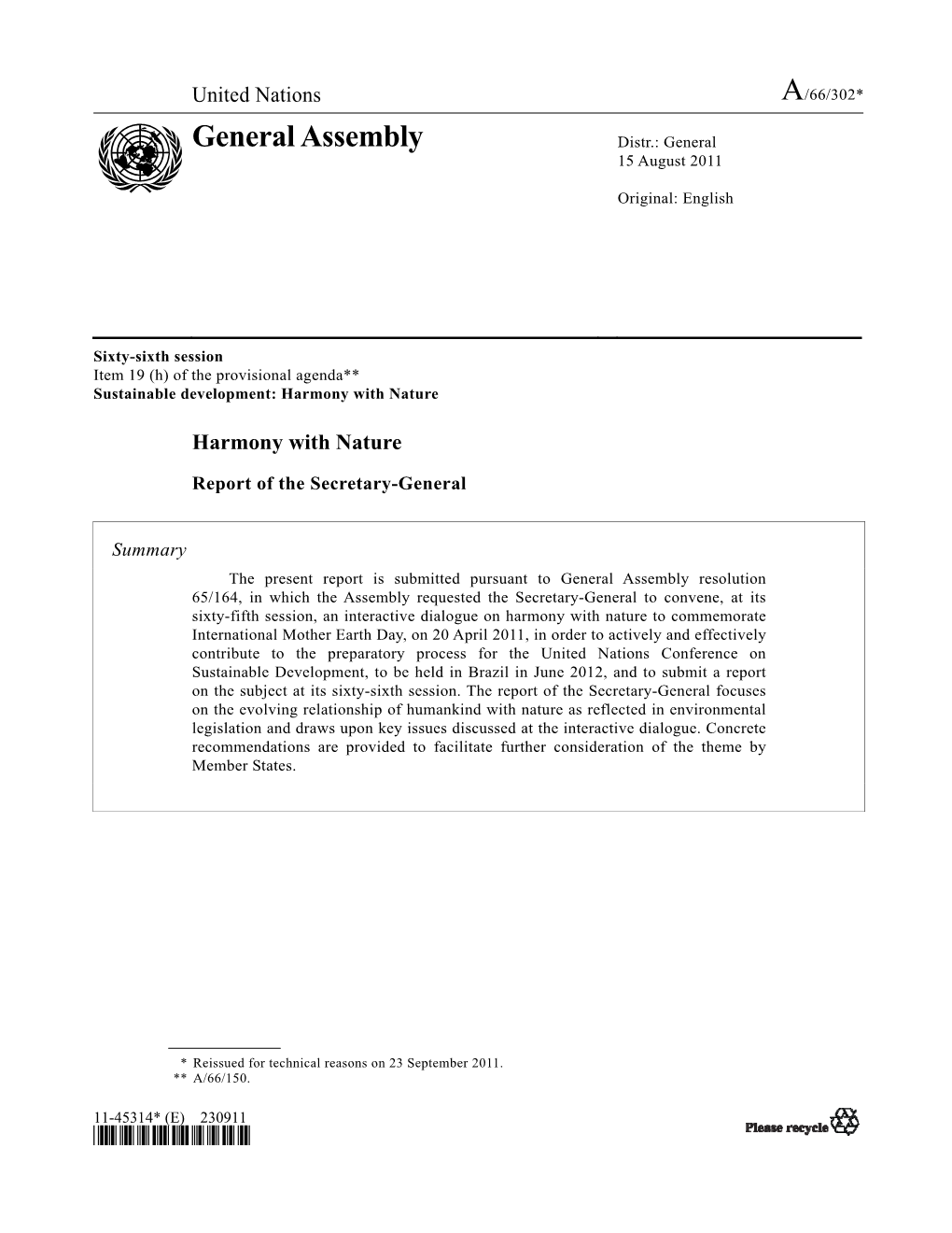 UN Report on Harmony with Nature