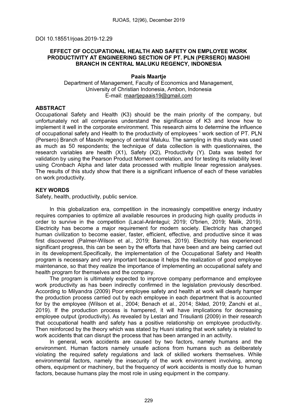 DOI 10.18551/Rjoas.2019-12.29 EFFECT of OCCUPATIONAL