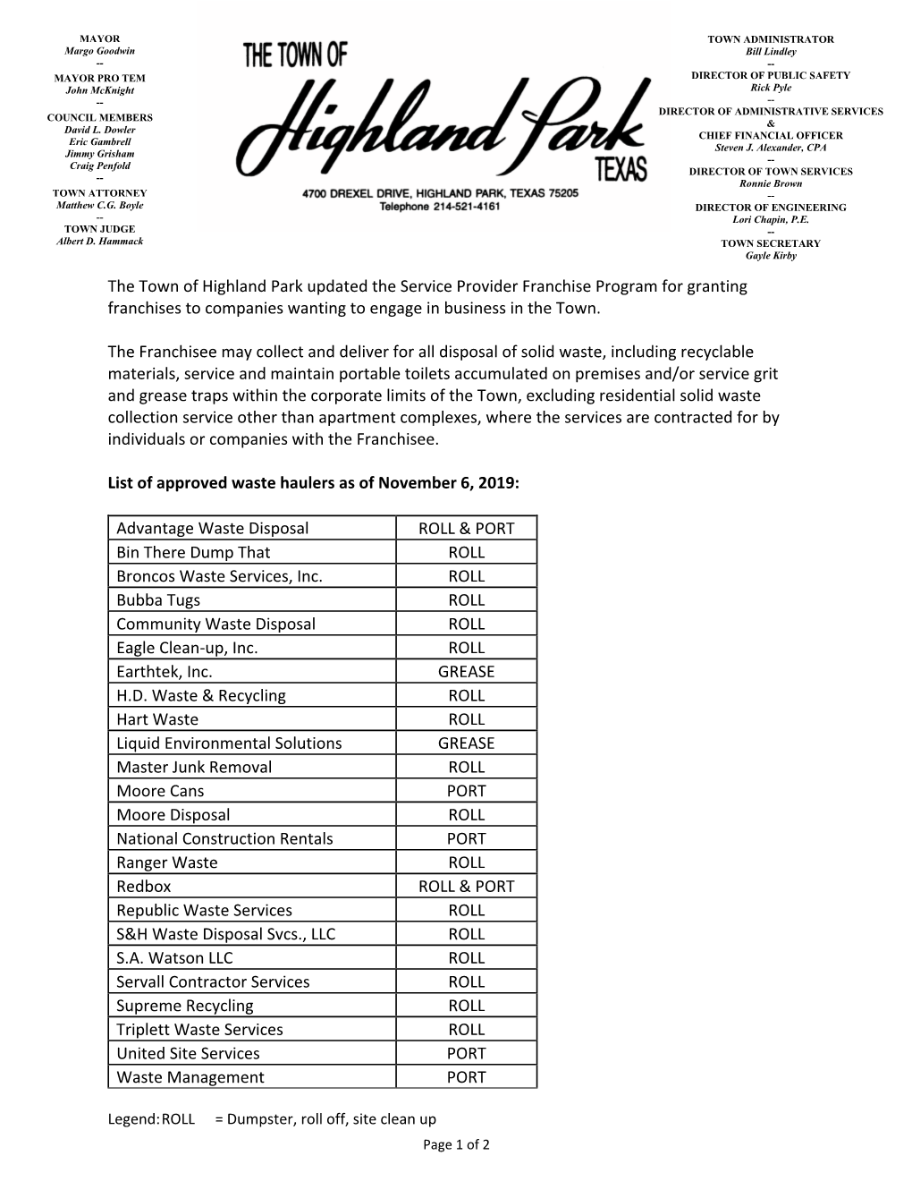 The Town of Highland Park Updated the Service Provider Franchise Program for Granting Franchises to Companies Wanting to Engage in Business in the Town