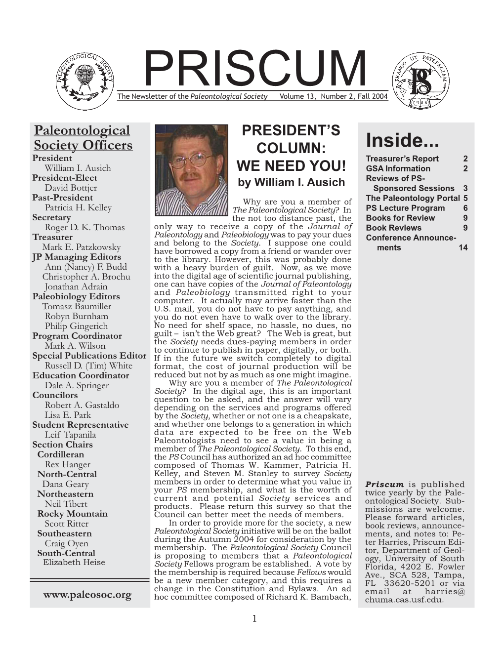 PRISCUM the Newsletter of the Paleontological Society Volume 13, Number 2, Fall 2004