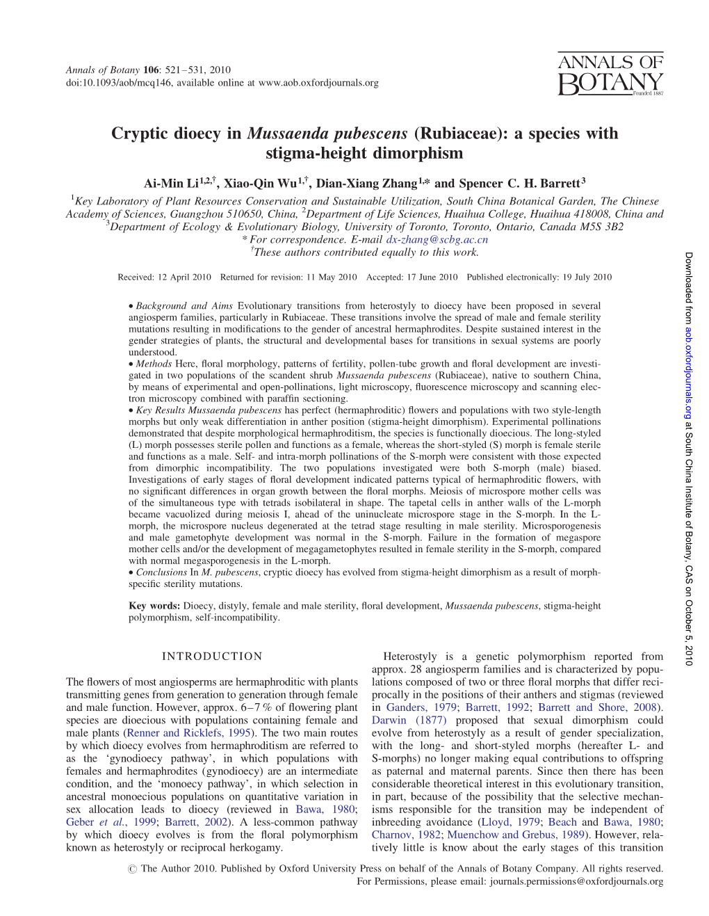 Cryptic Dioecy in Mussaenda Pubescens (Rubiaceae): a Species with Stigma-Height Dimorphism