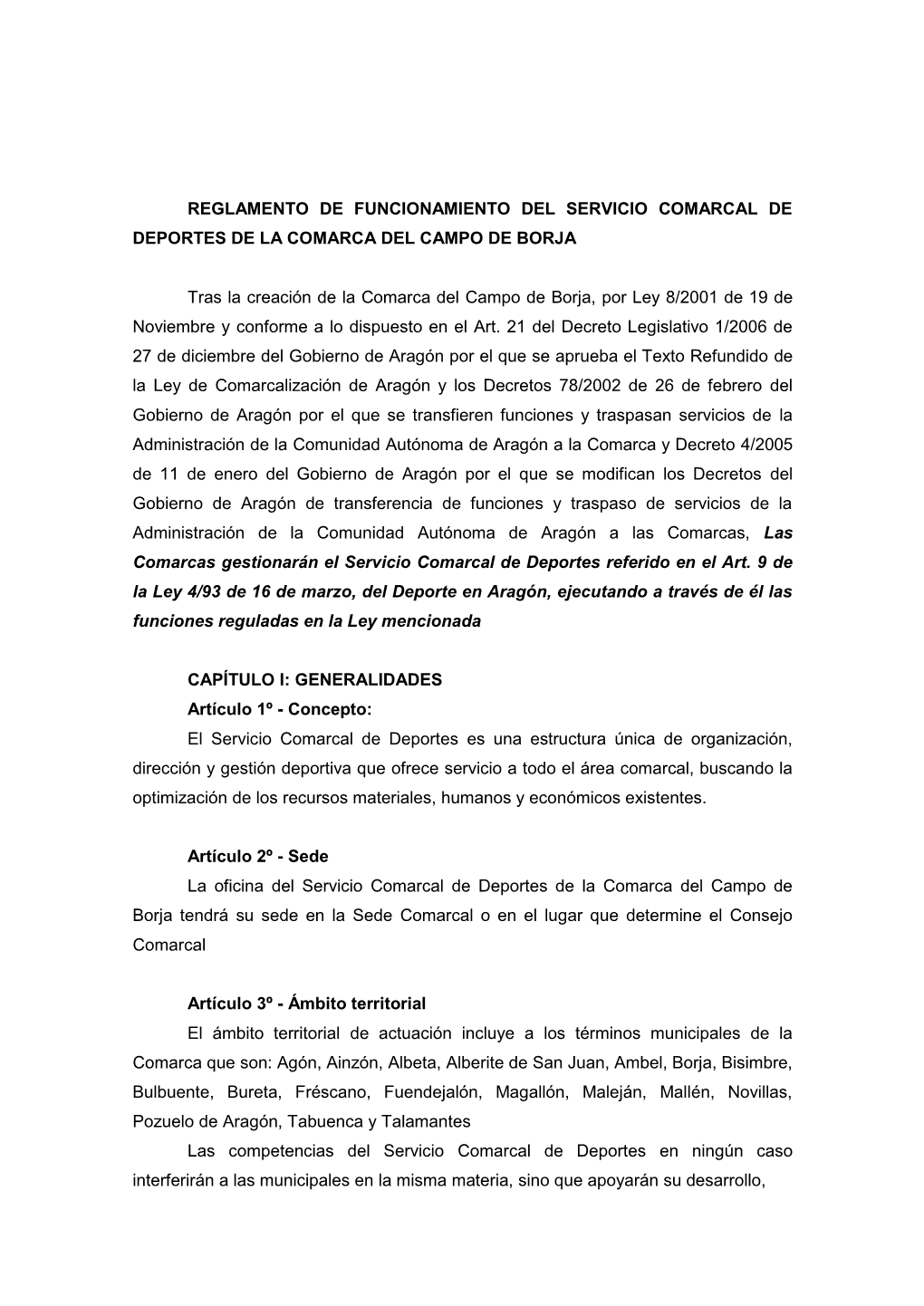 Reglamento De Funcionamiento Del Servicio Comarcal De Deportes De La Comarca Del Campo De Borja