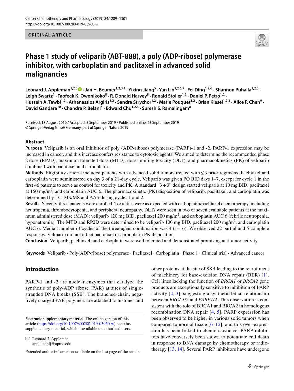 Phase 1 Study of Veliparib (ABT-888), a Poly (ADP-Ribose) Polymerase