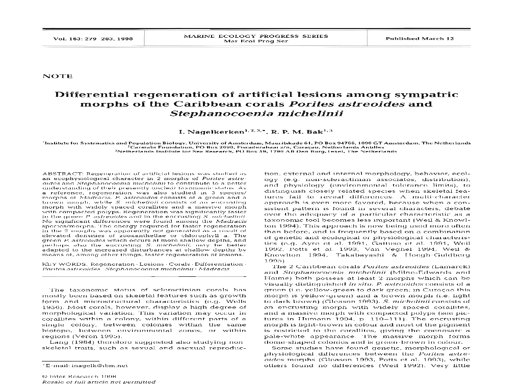 Differential Regeneration of Artificial Lesions Among Sympatric Morphs of the Caribbean Corals Porites Astreoides and Stephanocoenia Michelinii