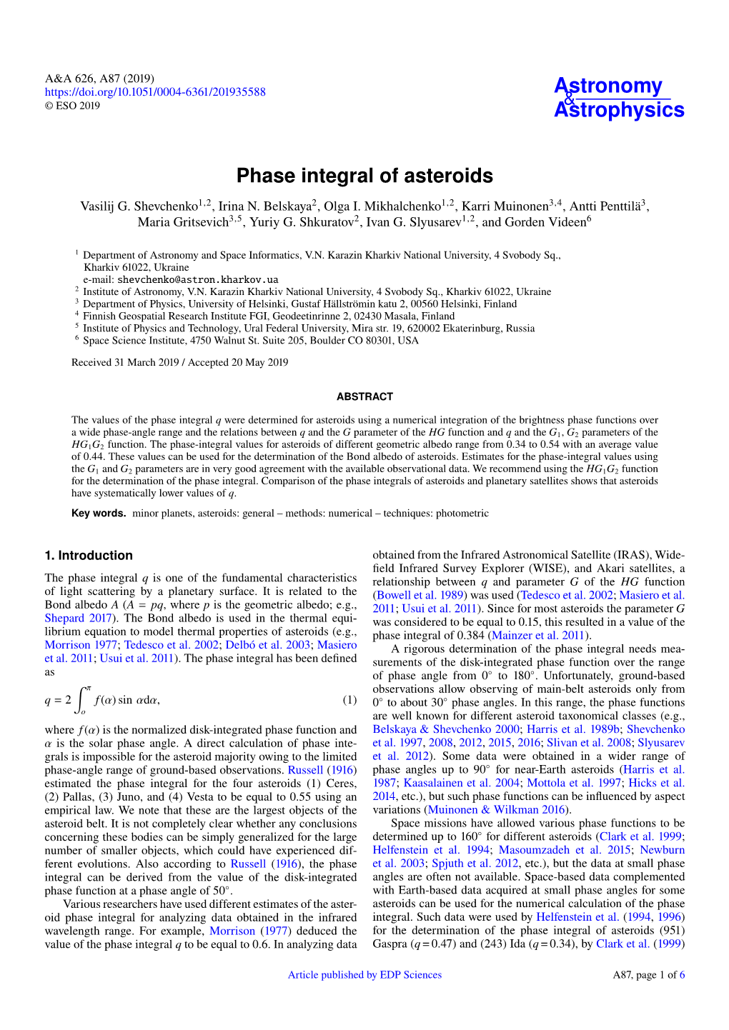 Phase Integral of Asteroids Vasilij G