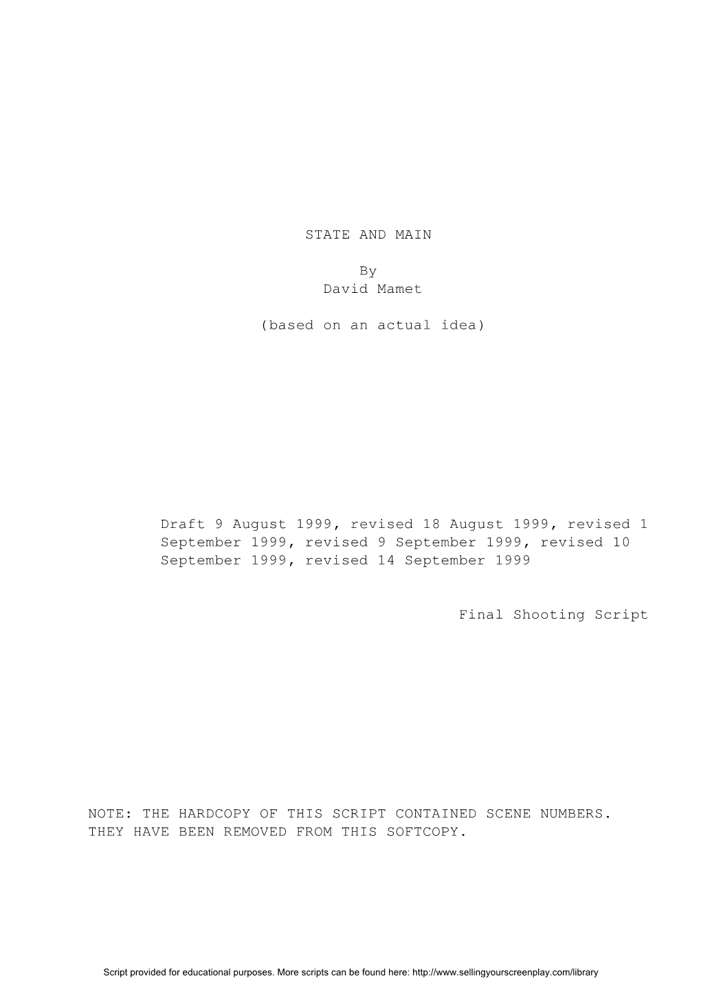 "State and Main", Shooting Script, by David