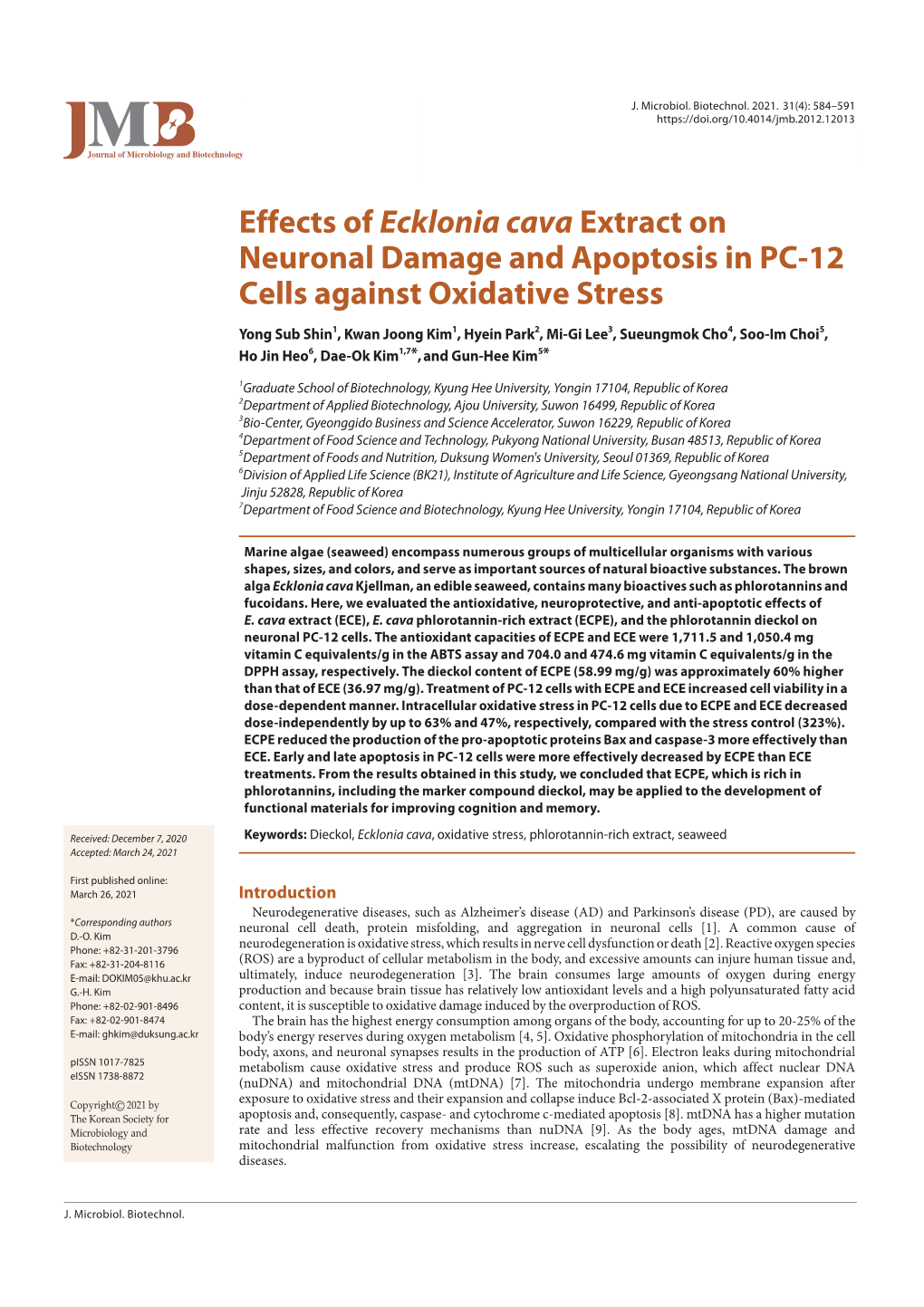 Effects of Ecklonia Cava Extract on Neuronal Damage and Apoptosis in PC-12 Cells Against Oxidative Stress