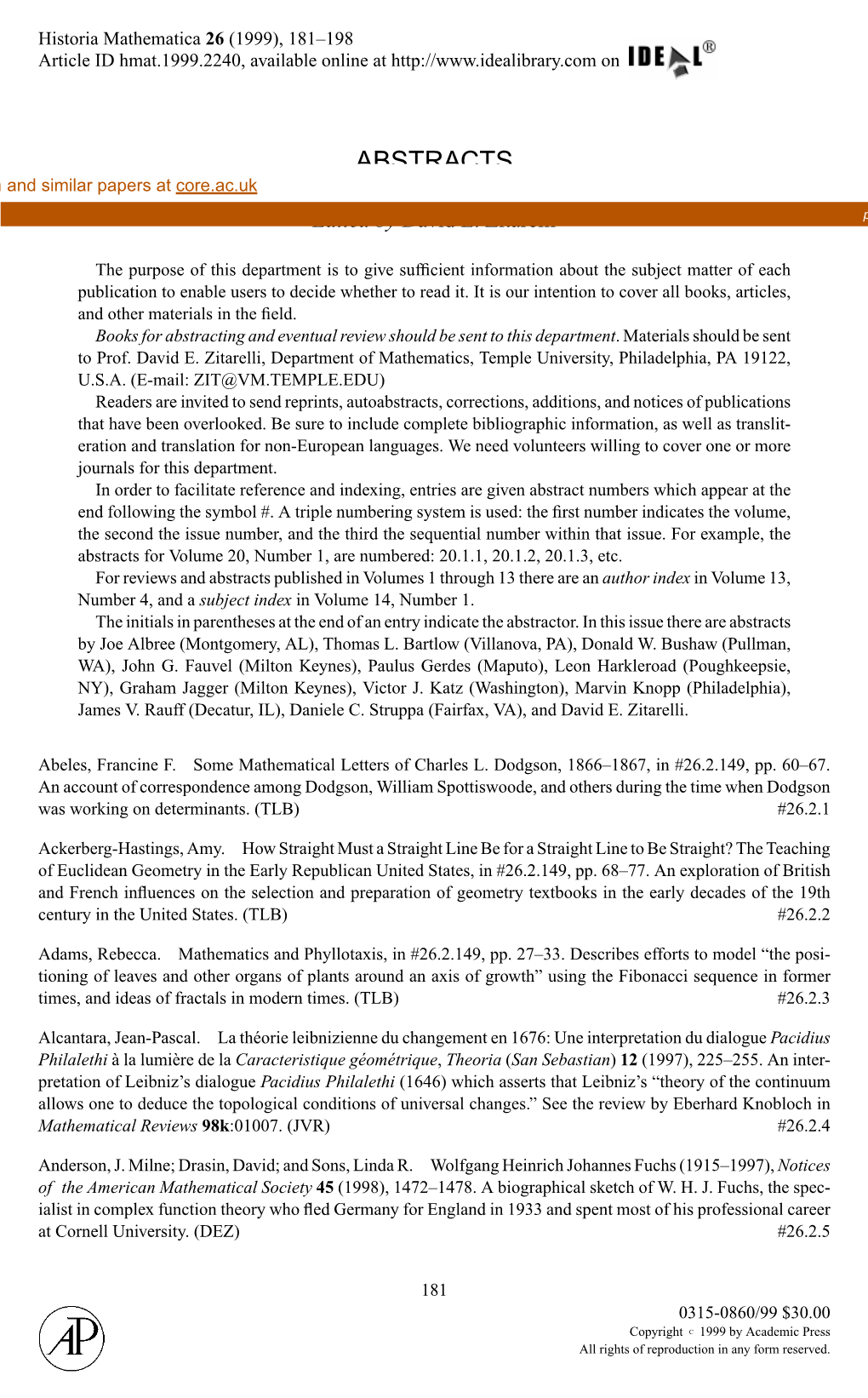 ABSTRACTS View Metadata, Citation and Similar Papers at Core.Ac.Uk Brought to You by CORE Edited by David E