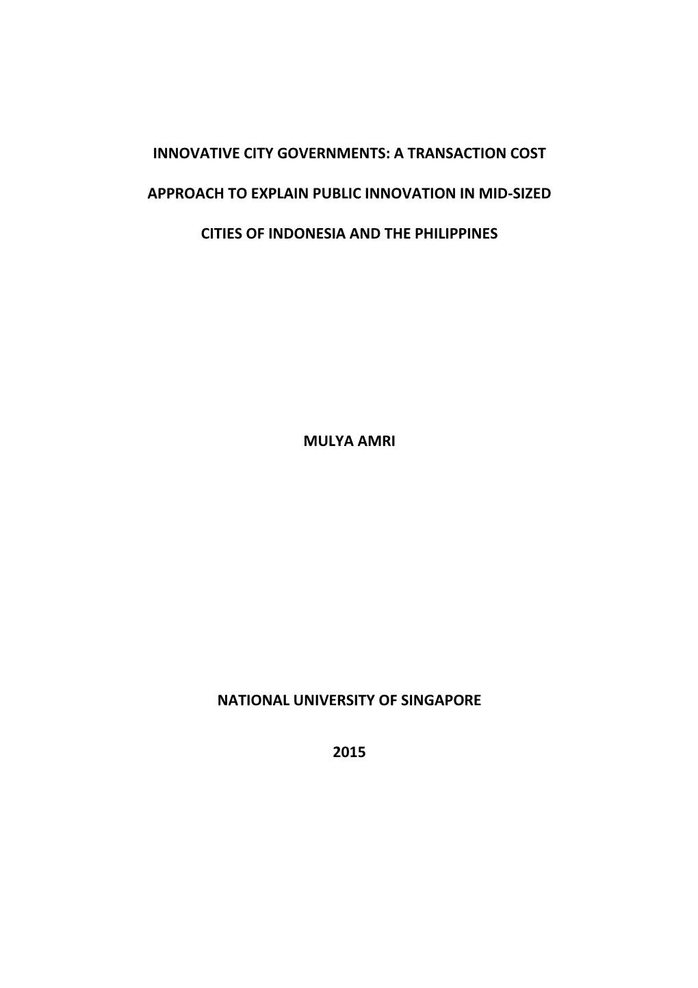 A Transaction Cost Approach to Explain Public Sector Innovation in Secondary Cities of Indonesia and the Philippines