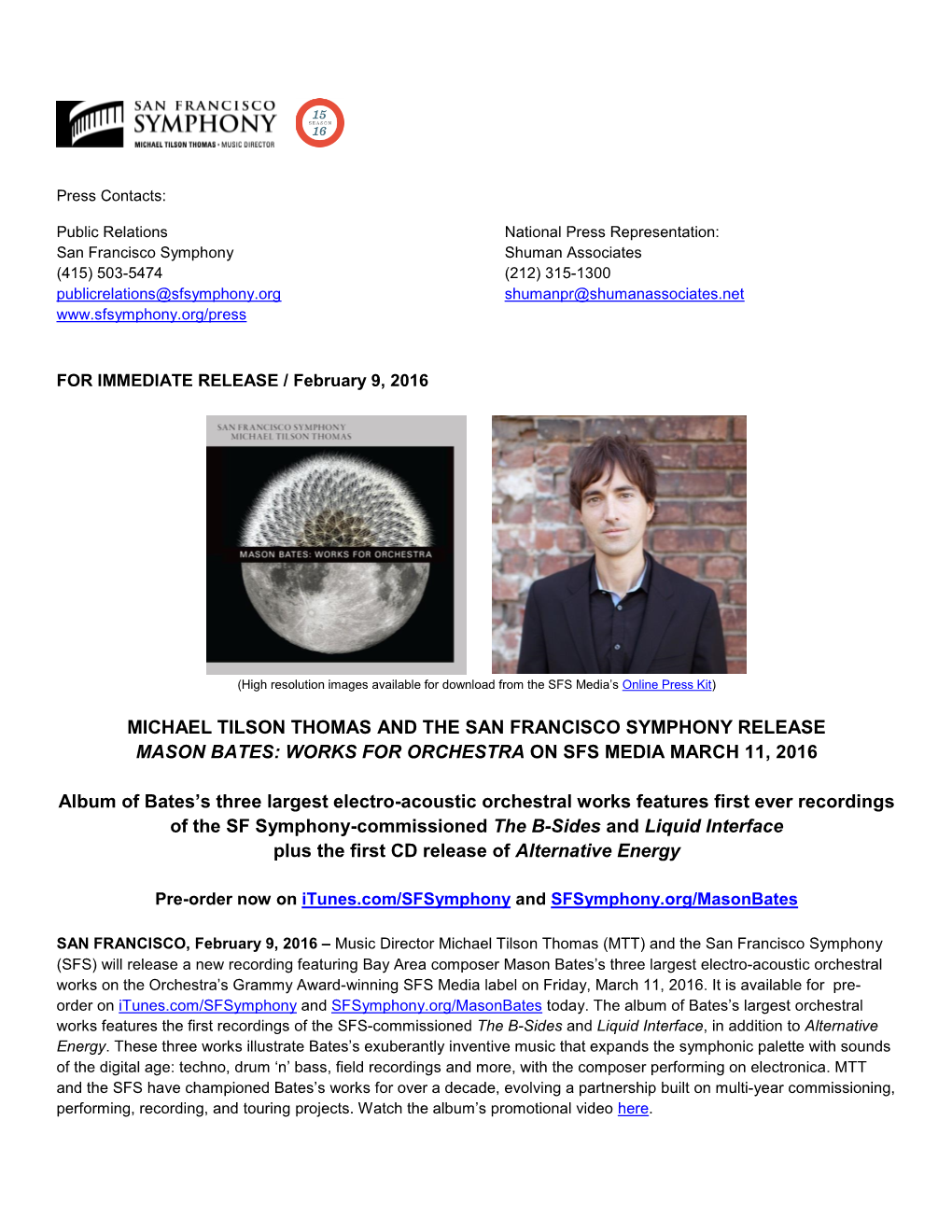 Michael Tilson Thomas and the San Francisco Symphony Release Mason Bates: Works for Orchestra on Sfs Media March 11, 2016