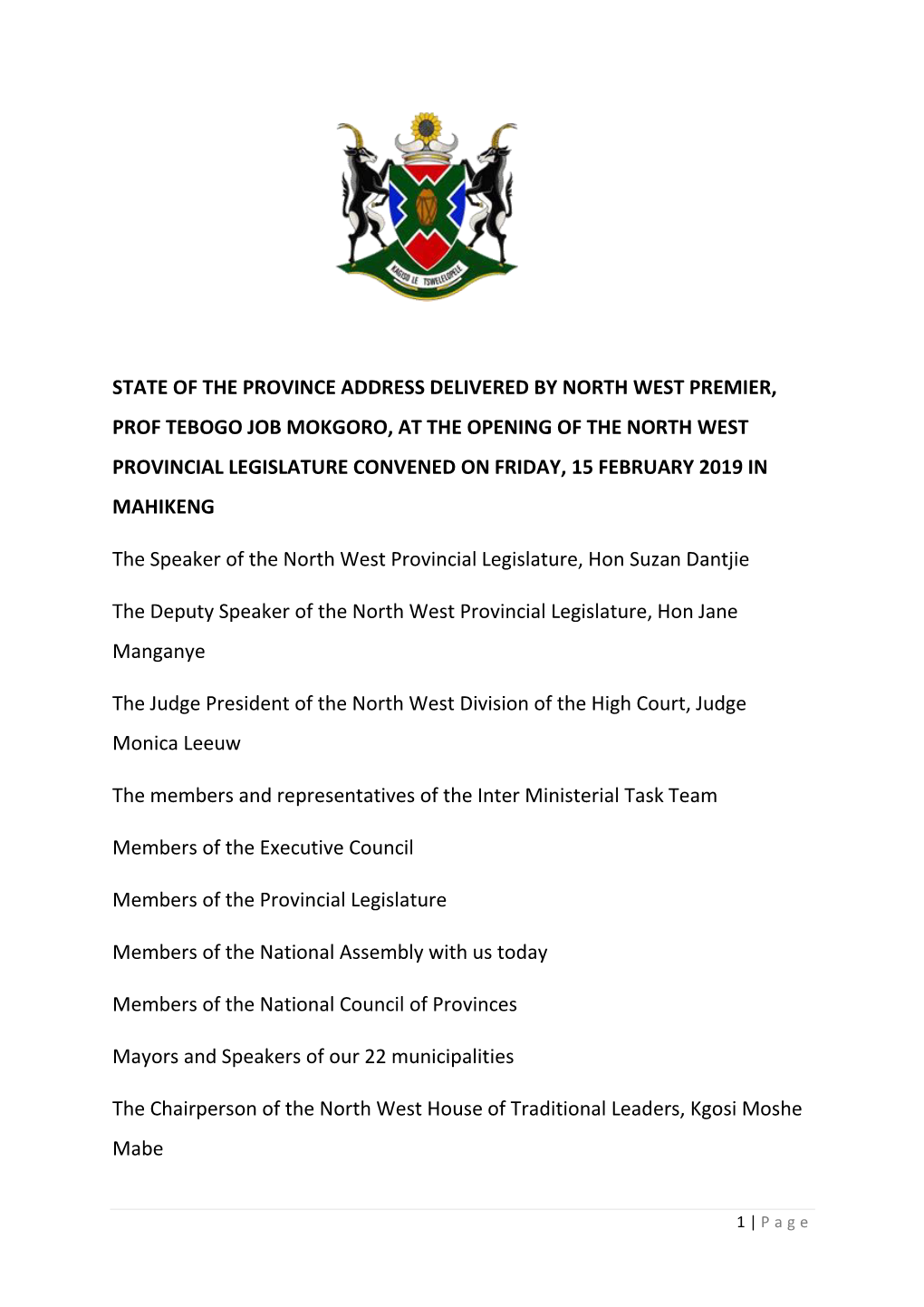 State of the Province Address Delivered by North West Premier