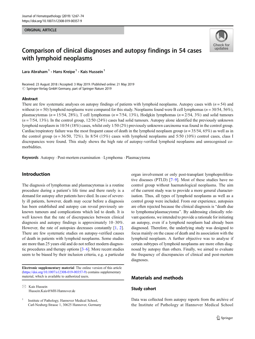 Comparison of Clinical Diagnoses and Autopsy Findings in 54 Cases with Lymphoid Neoplasms
