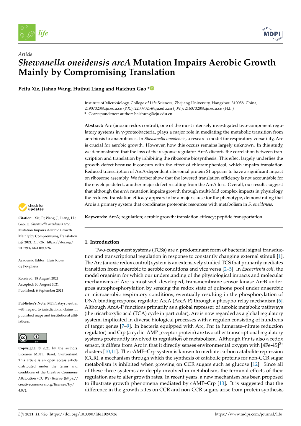 Shewanella Oneidensis Arca Mutation Impairs Aerobic Growth Mainly by Compromising Translation