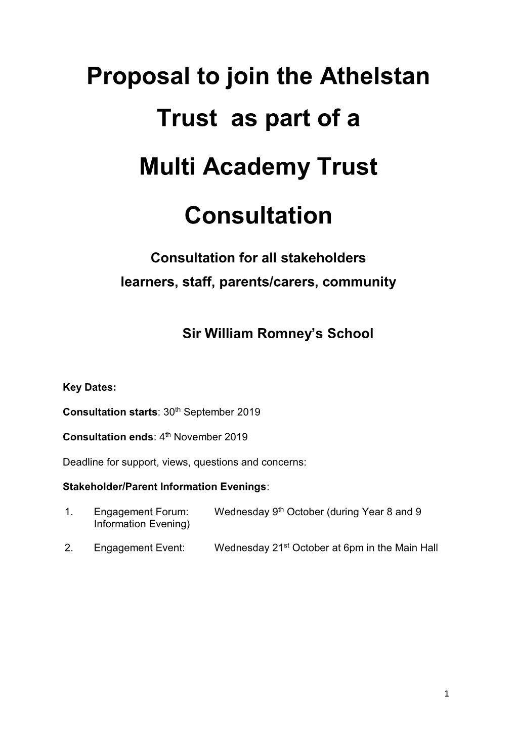 Proposal to Join the Athelstan Trust As Part of a Multi Academy Trust