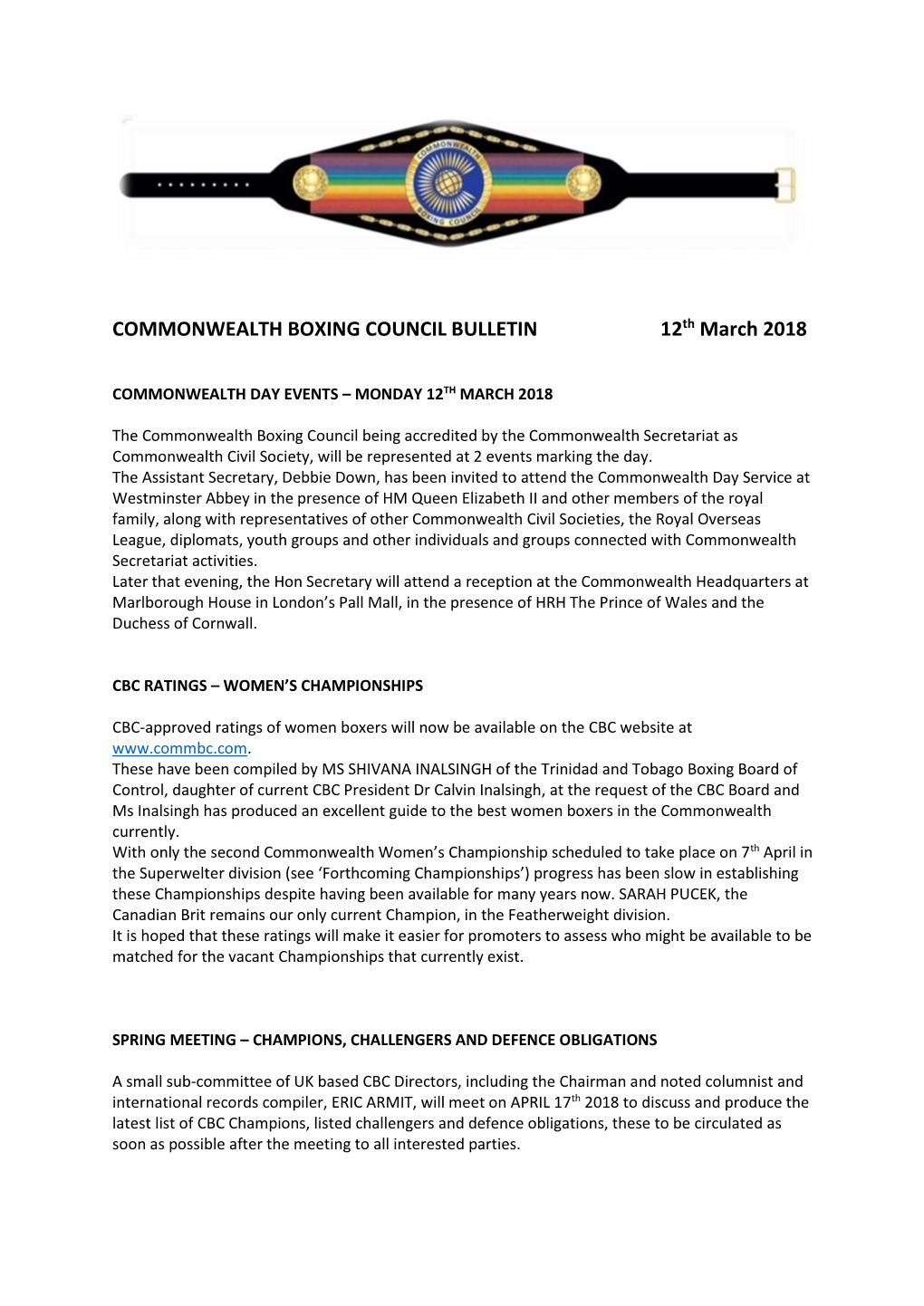 COMMONWEALTH BOXING COUNCIL BULLETIN 12Th March 2018