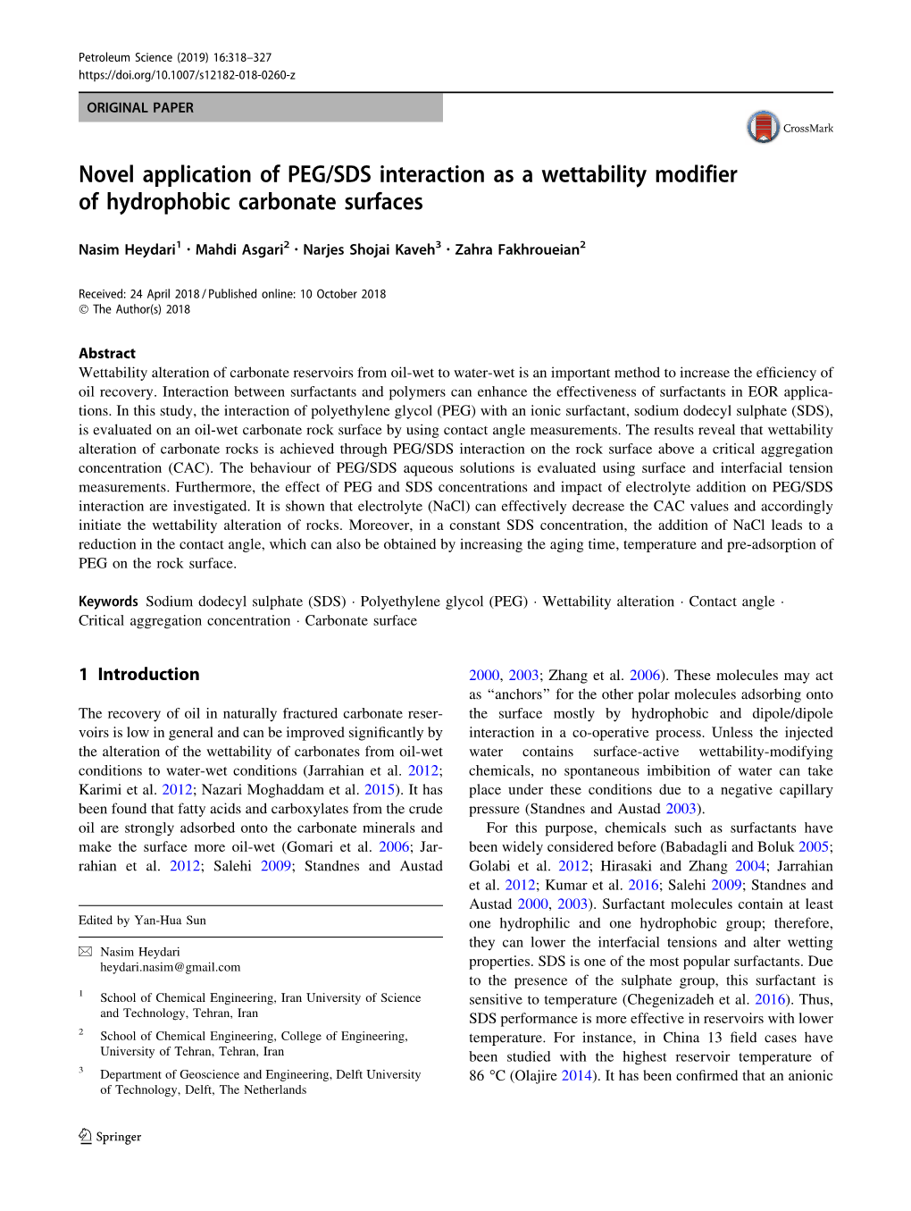 Novel Application of PEG/SDS Interaction As a Wettability Modifier of Hydrophobic Carbonate Surfaces