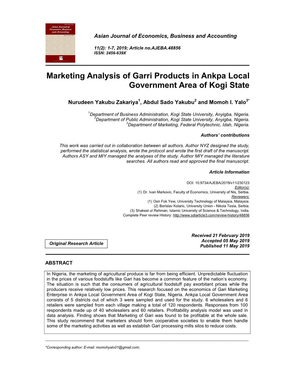 Marketing Analysis of Garri Products in Ankpa Local Government Area of Kogi State