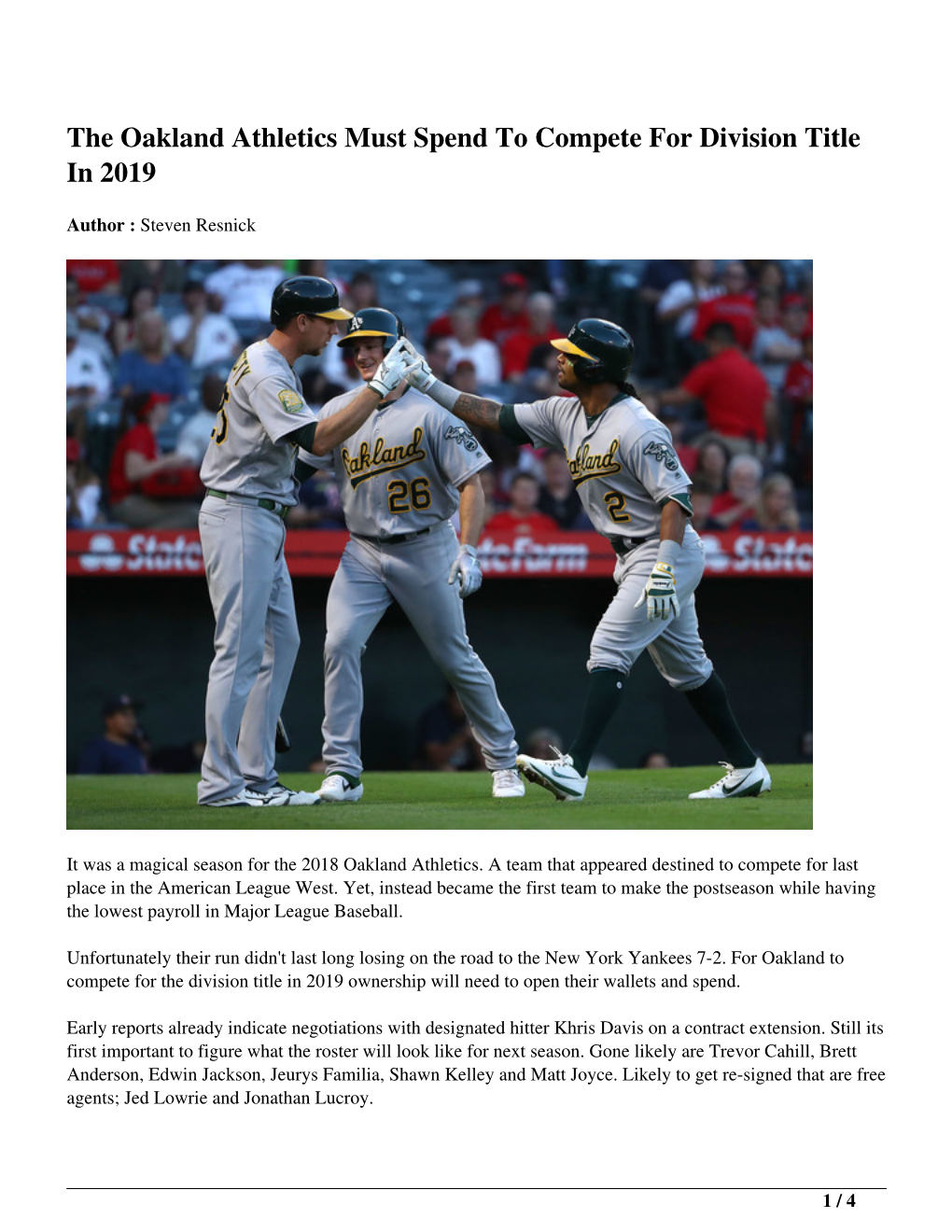 The Oakland Athletics Must Spend to Compete for Division Title in 2019