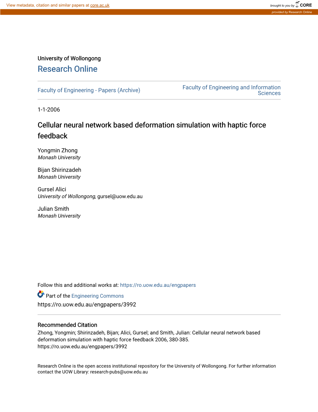 Cellular Neural Network Based Deformation Simulation with Haptic Force Feedback