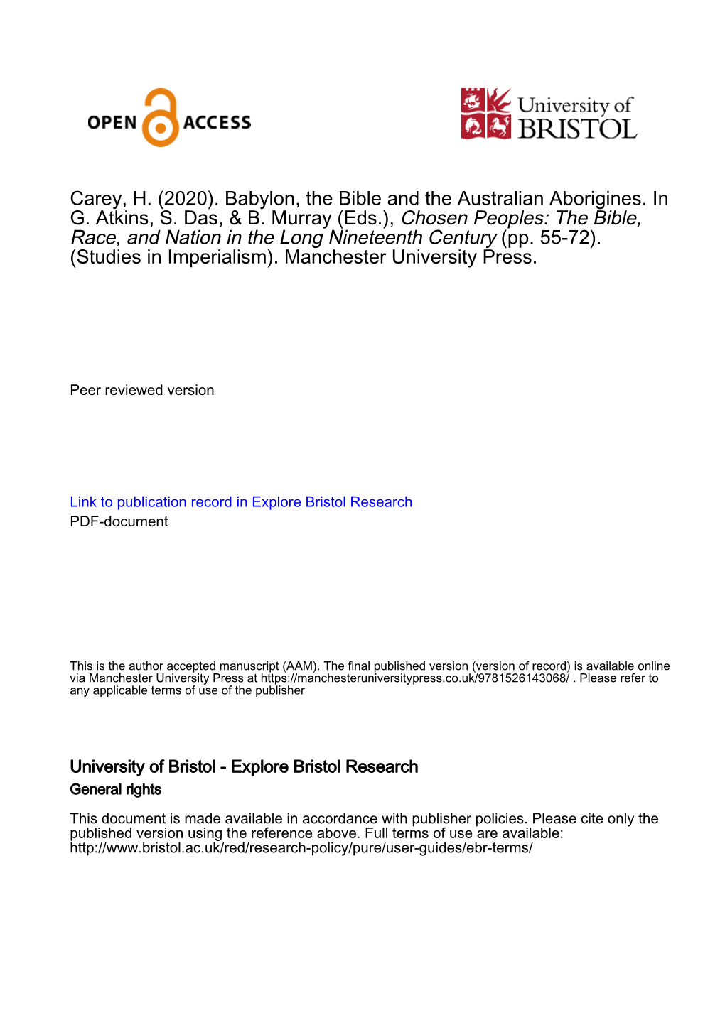 Carey, H. (2020). Babylon, the Bible and the Australian Aborigines. in G