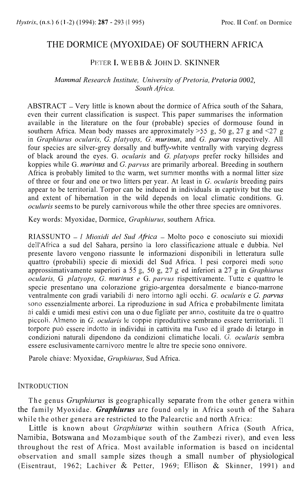 The Dormice (Myoxidae) of Southern Africa