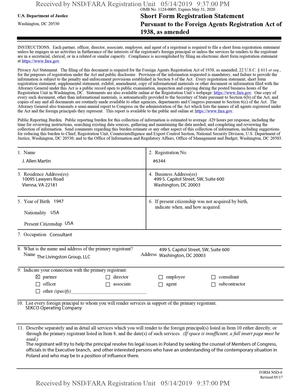 Received by NSD/FARA Registration Unit 05/14/2019 9:37:00 PM OMB No