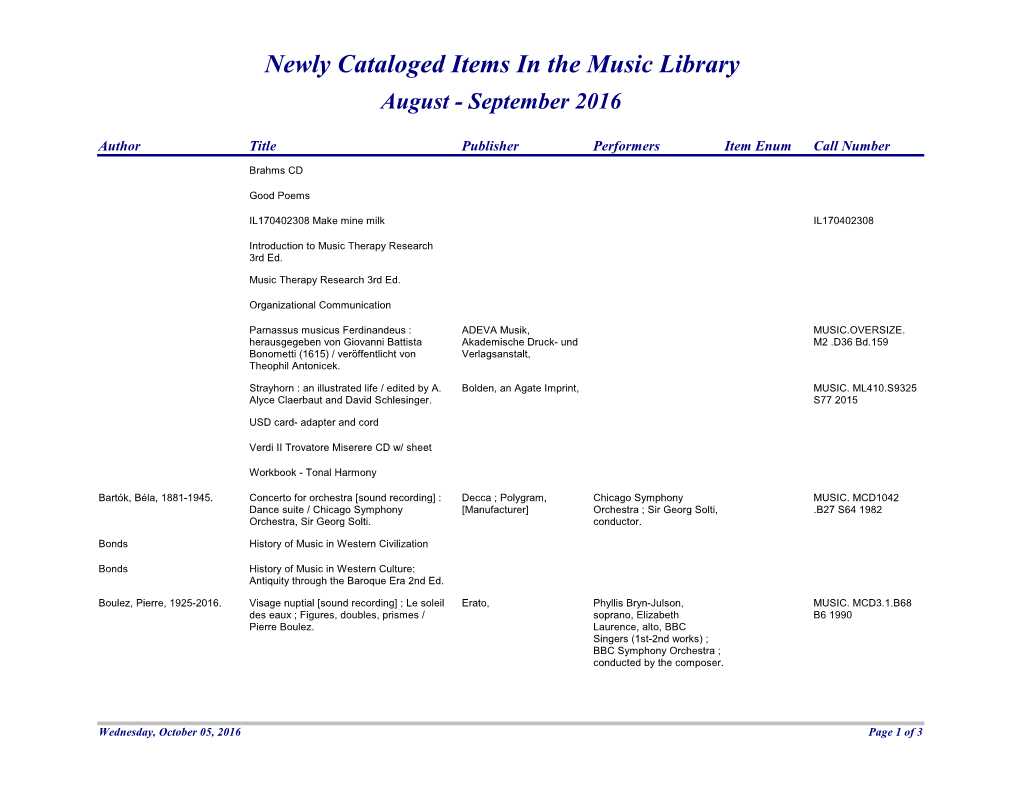 Newly Cataloged Items in the Music Library August - September 2016