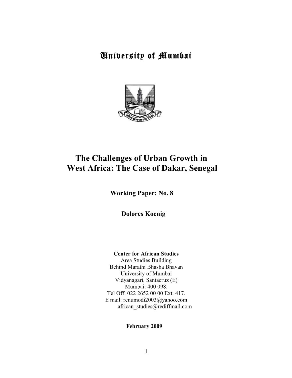 The Challenges of Urban Growth in West Africa: the Case of Dakar, Senegal