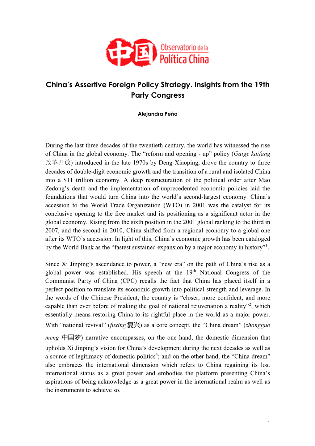 China's Assertive Foreign Policy Strategy. Insights from the 19Th