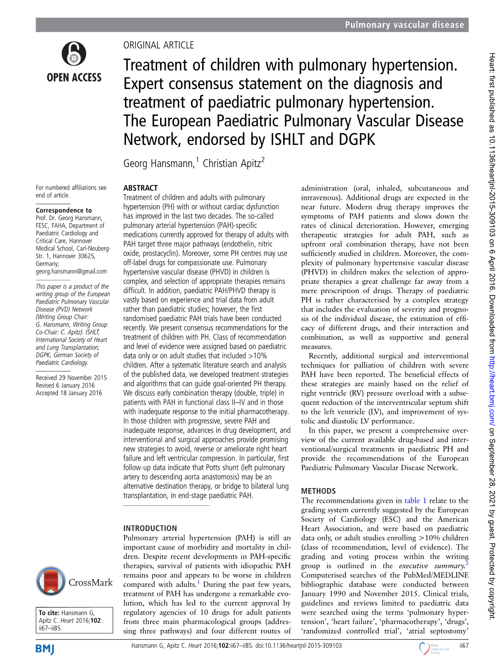 Treatment of Children with Pulmonary Hypertension. Expert Consensus Statement on the Diagnosis and Treatment of Paediatric Pulmonary Hypertension