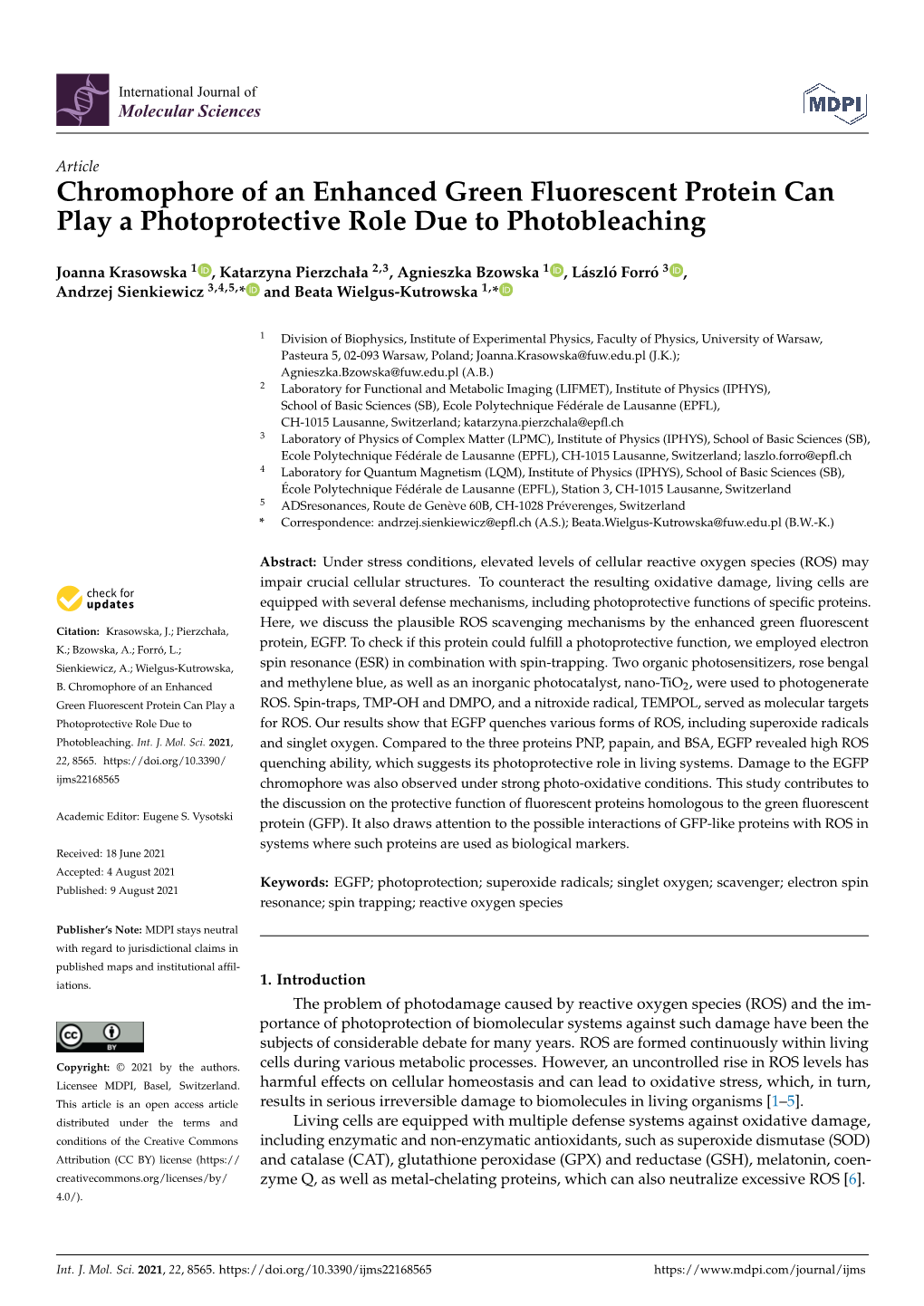 Chromophore of an Enhanced Green Fluorescent Protein Can Play a Photoprotective Role Due to Photobleaching