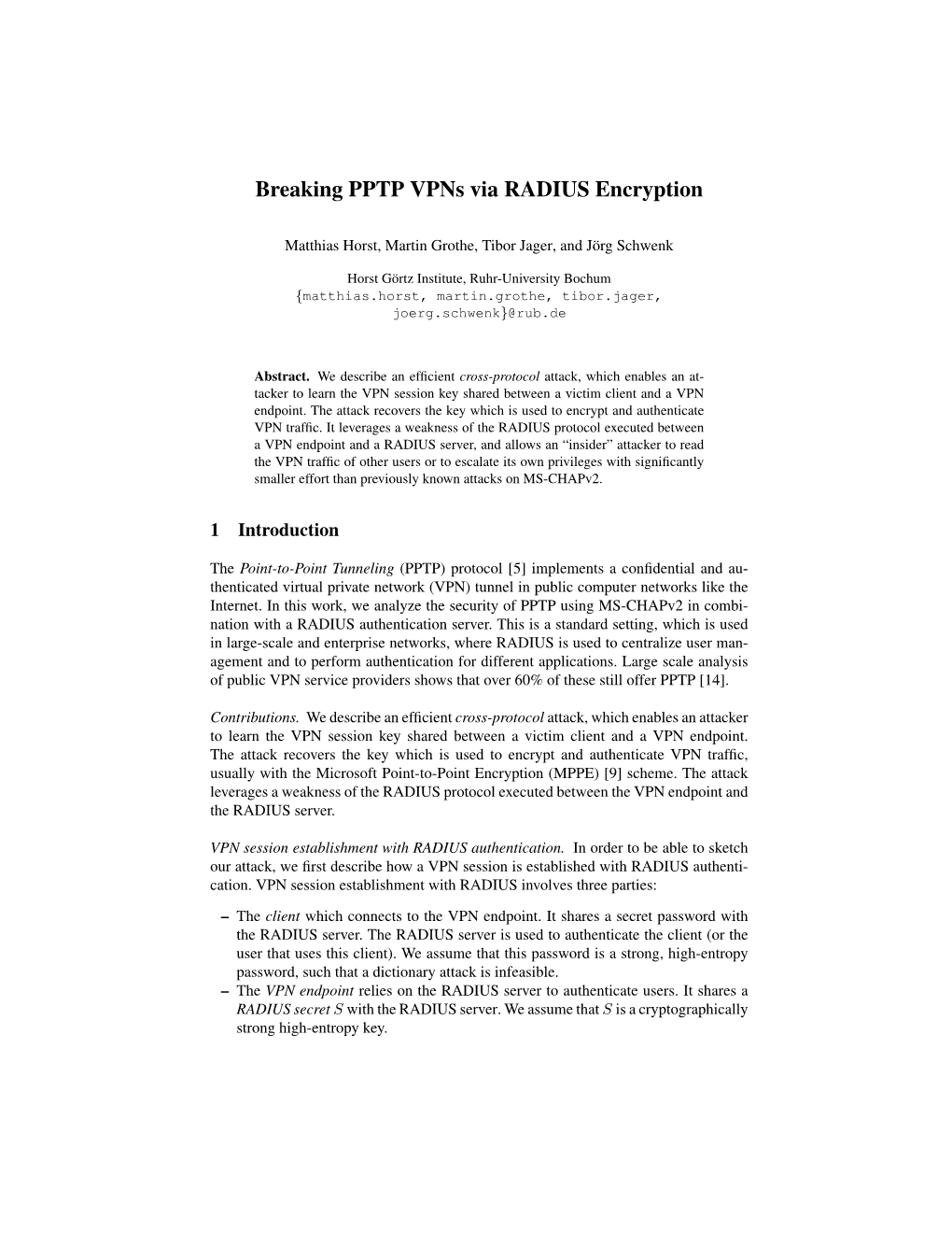 Breaking PPTP Vpns Via RADIUS Encryption